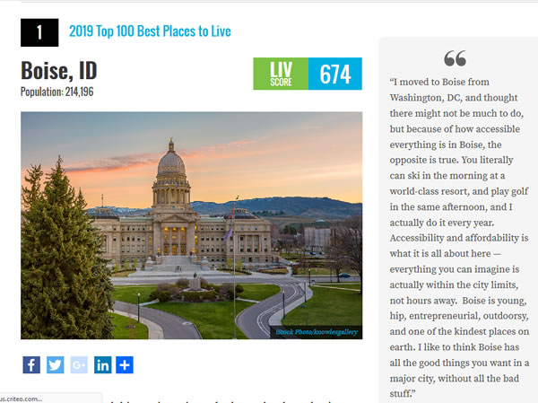 Boise listed #1 - 2019 Top Best Places to Live